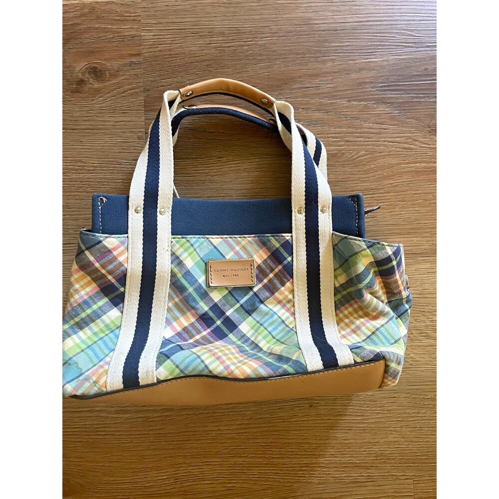 Tommy Hilfiger Multicolor Plaid Tote Striped Logo, Magnetic, Lined, Preppy